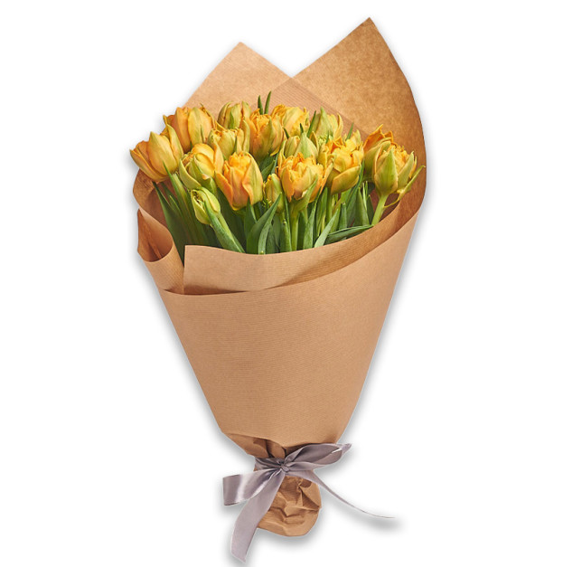 Букет 15 Помаранчевих піоновидних тюльпанів