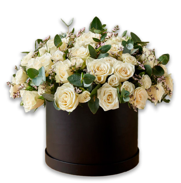 Квіти в коробці №10 "Білі троянди з евкаліптом"