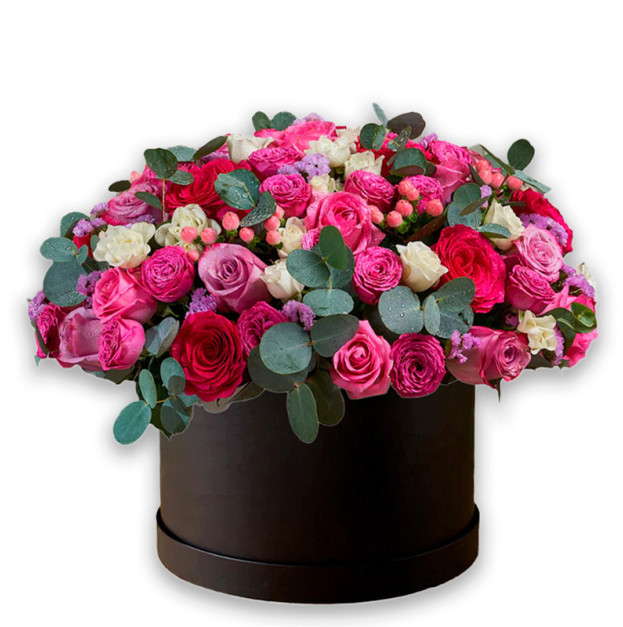 Квіти в коробці №11 "Мікс троянд з евкаліптом"