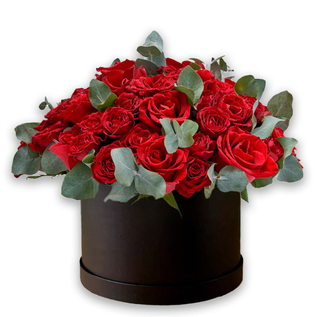 Квіти в коробці №22 "Червоні троянди з евкаліптом"